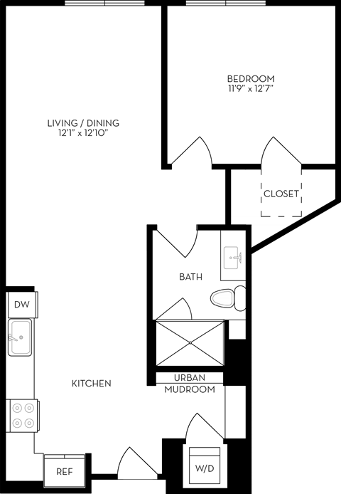 Floor plan for 1 bed, 1 bath, 826 sqft